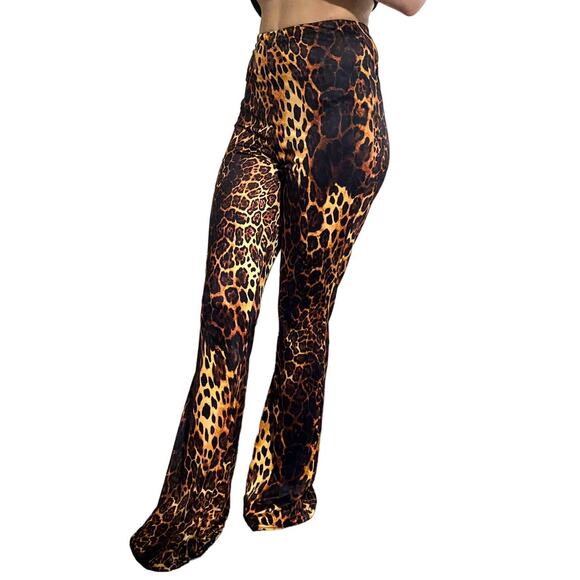 New Small Slinky Leopard Print Flare Pants Brown Fitted Flattering Animal Bell - Picture 3 of 4